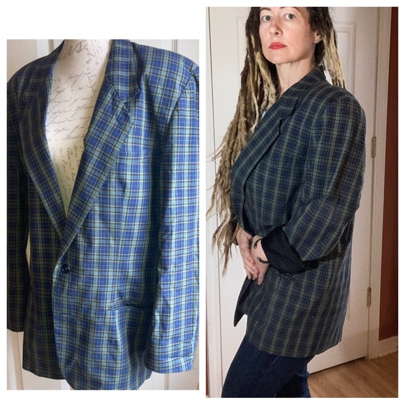 Vintage Jackets & Blazers - Vintage GAP 80s Oversized Fit Classic Plaid Blazer Blue Green sz Medium